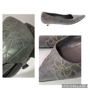 CHANEL Gray Floral Textured Leather Suede Kitten Low Heel EU 39